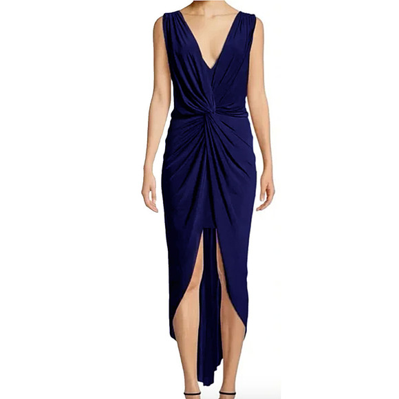 Misa Los Angeles Navy Blue Jersey Plunge Neck Sleeveless Midi Dress Small Formal - Picture 1 of 10